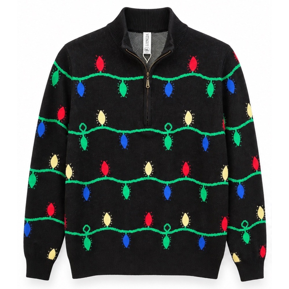 Nitagut Mens Christmas Lights Sweater Black Quarter Zip Ugly Holiday Pullover XL